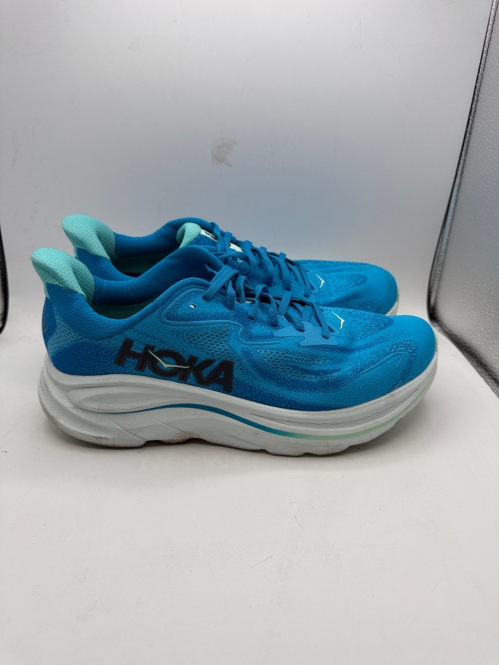 Hoka Clifton 10 Mens 11.5 Teal & Aqua Running Sneakers S7